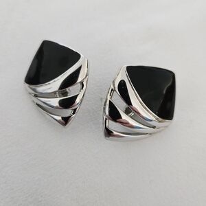 Vintage Geometric Black Enamel and Silver Tone Clup On Earrings